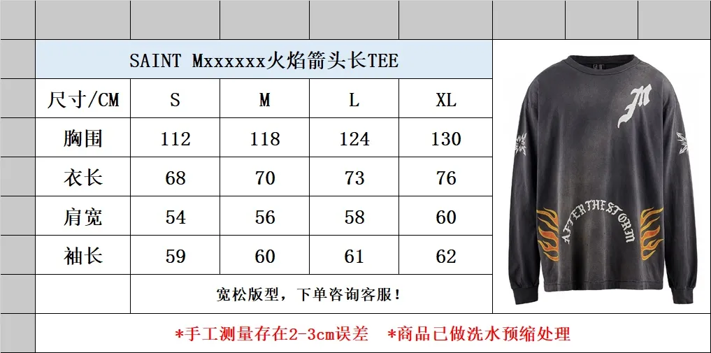 Size Chart SAINT Mxxxxxx M/AFTER LS_TEE/BLACK Flame Arrow Letter M Retro Distressed Long Tee Washed Black S-XL